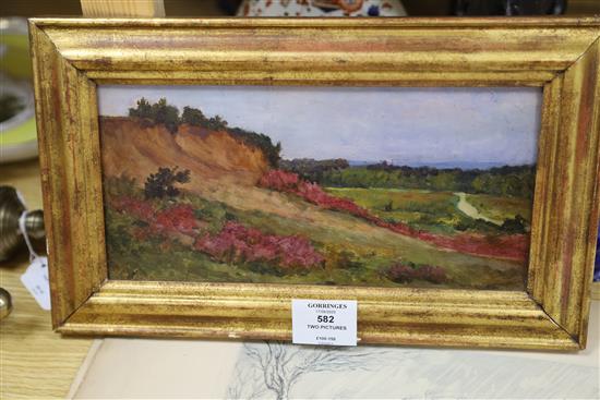 English School c.1900, oil on panel, Sketch of heathland, 12 x 26cm and a smaller sketch of a birch tree